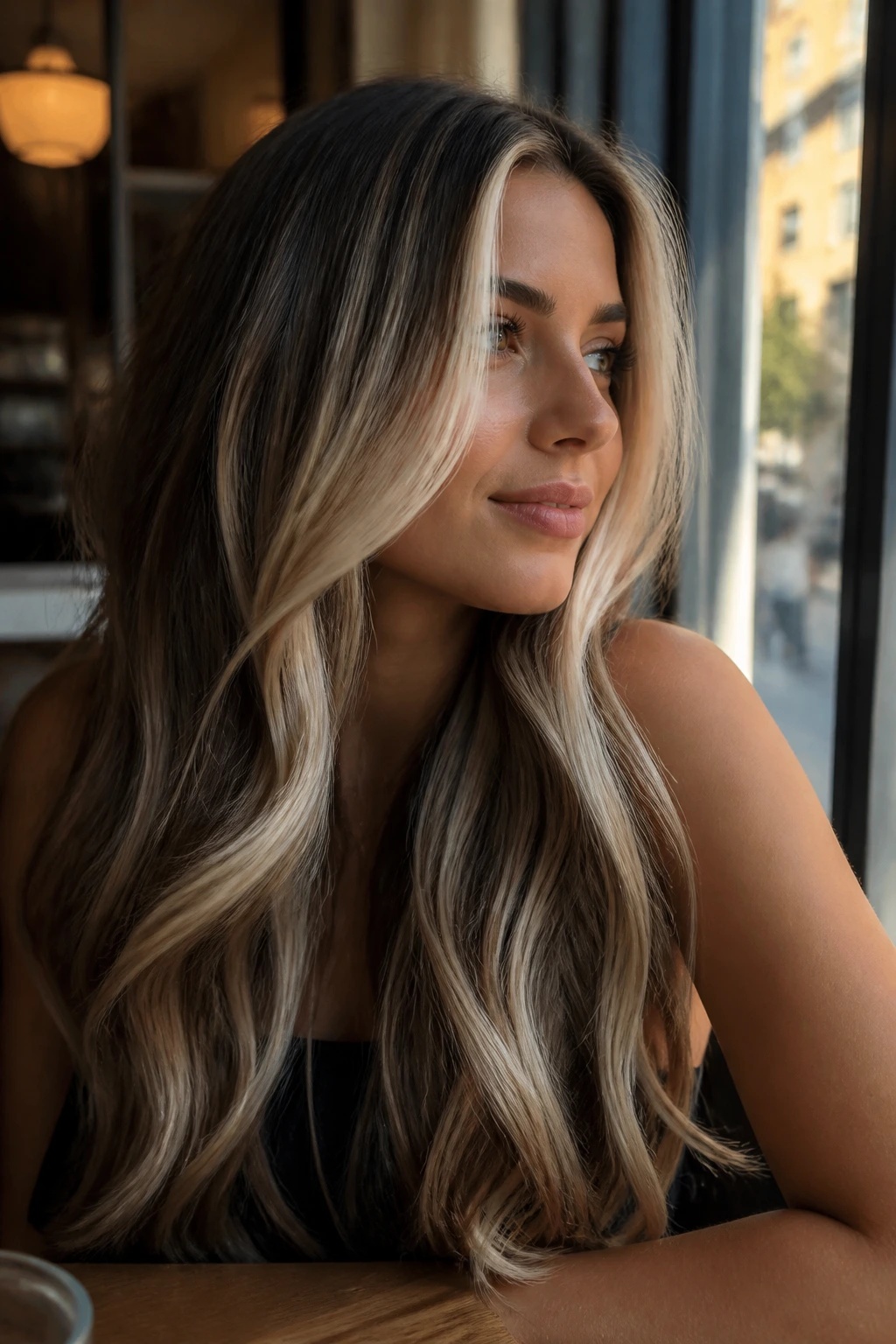 Portrait of a real woman with brunette base and platinum stripes with root shadow in a cafe setting
