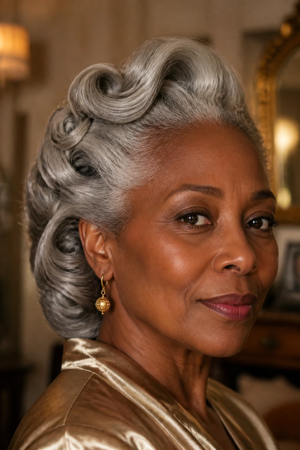 Close-up portrait of Vintage Roll-and-Pin Updo in Dove Gray on a real person.