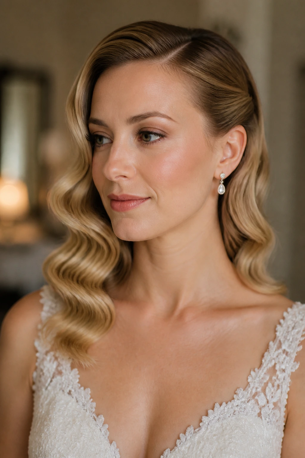 Real bride with S-shaped vintage waves and tucked ear detail.