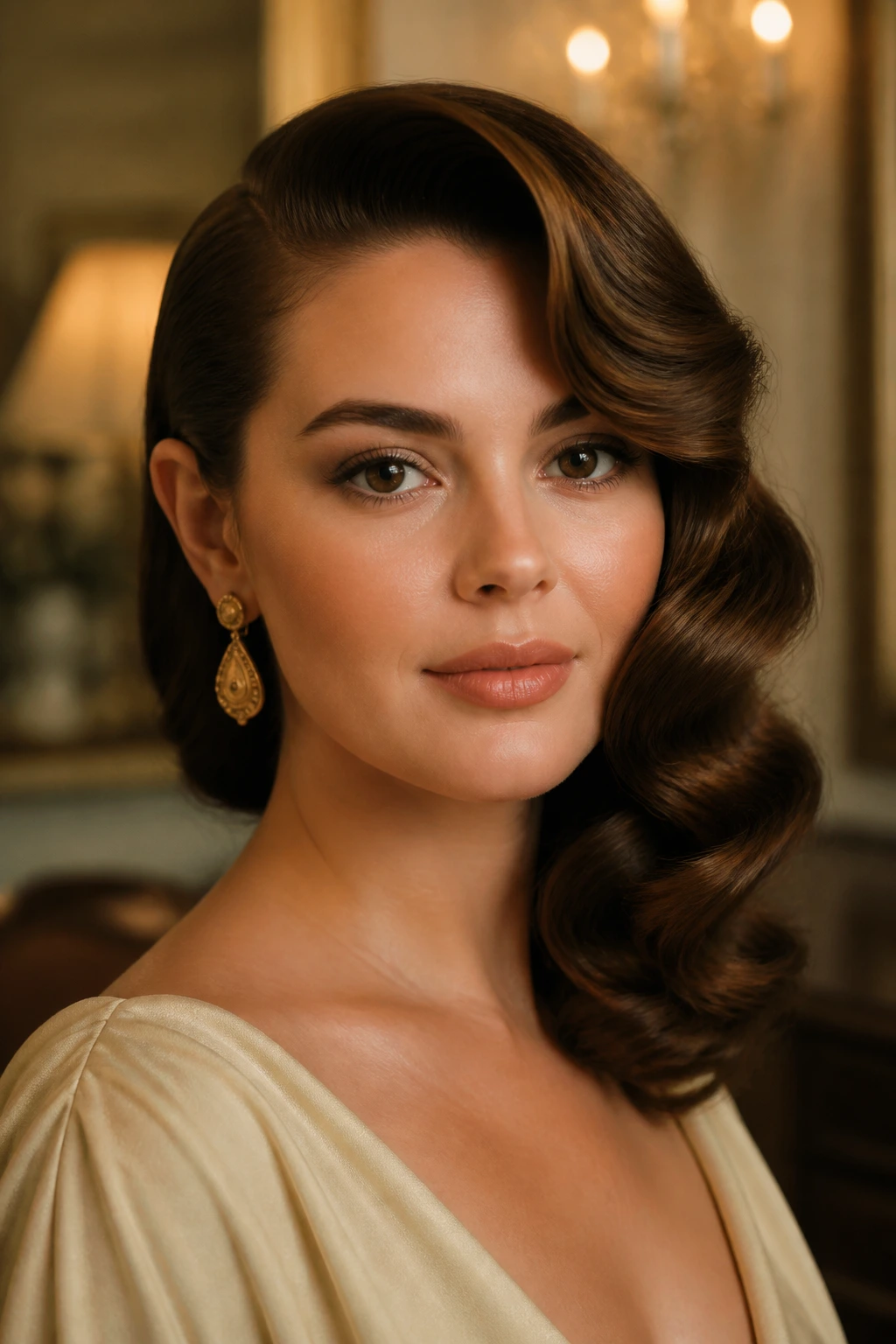Close-up of a real woman with vintage waves and a side sweep hairstyle