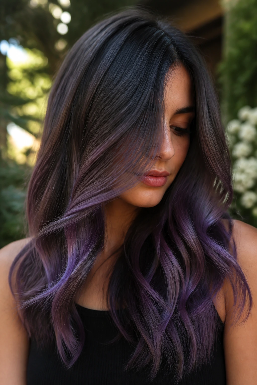 Close-up of a real person with violet smoky balayage on brunette hair in sunlight
