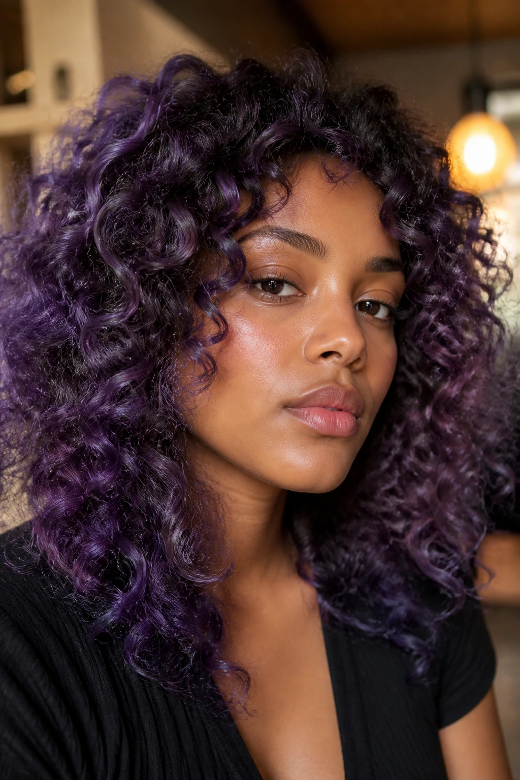 Close-up of a real person with curly hair in violet smoke, moody purple with glossy finish.