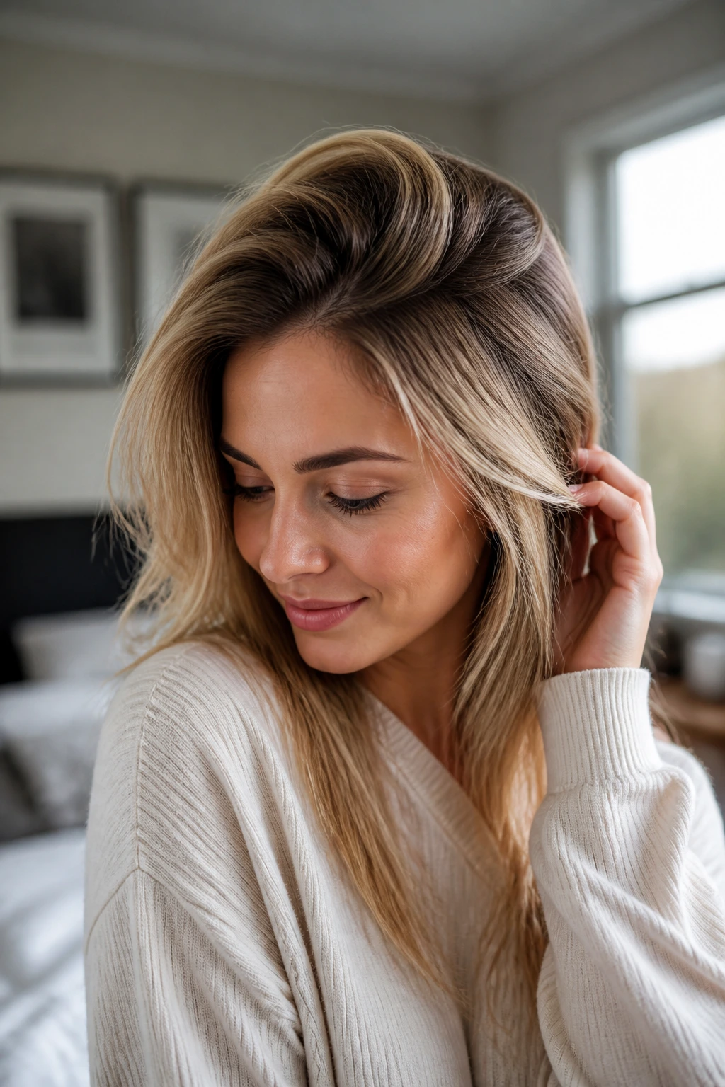 Close-up portrait showing voluminous crown and texture on fine hair between washes