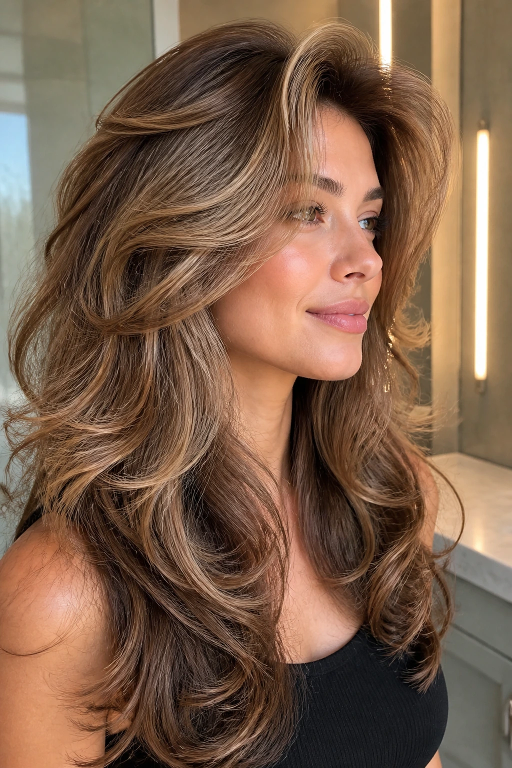 Close-up of a real woman with voluminous crown and lifted fringe