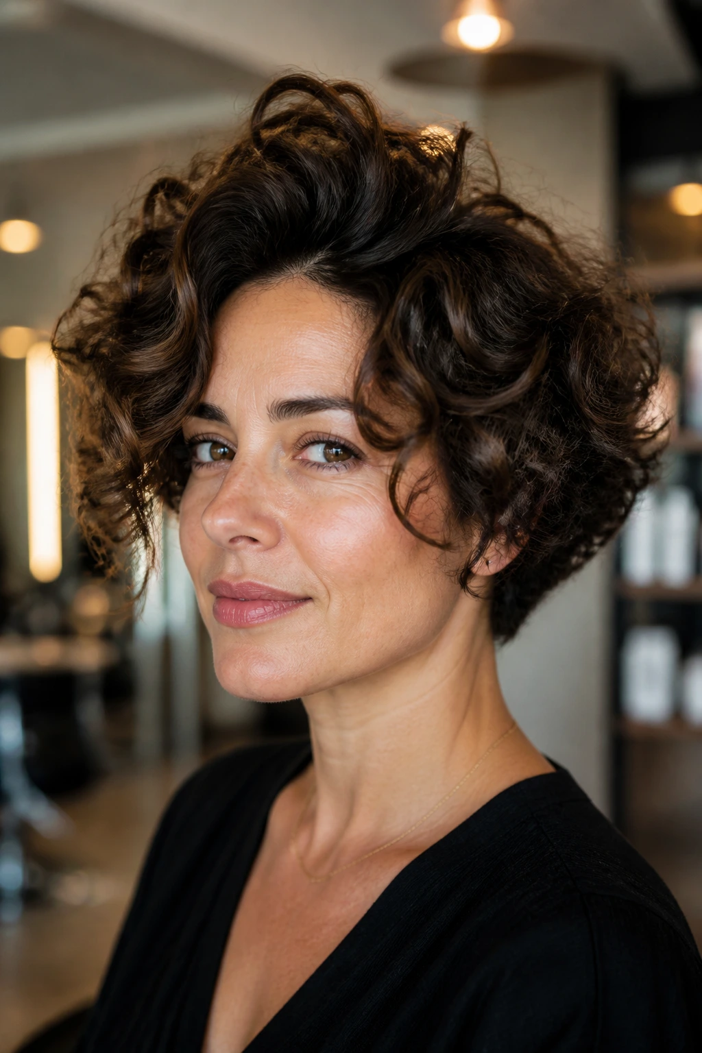 Close-up of a real woman with sculpted volume crop and lifted curtain bangs, highlighting root lift and defined curls.