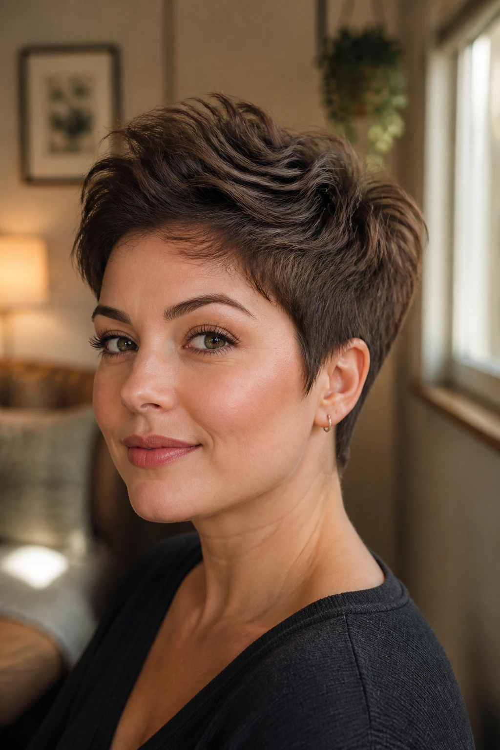 Close-up portrait of a real woman with volume-crown pixie under warm window light