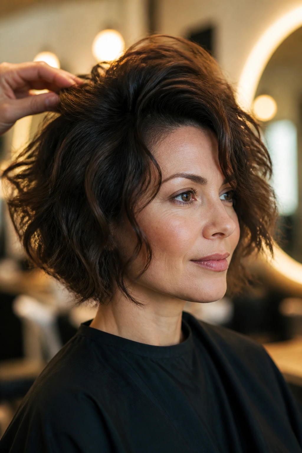Woman with voluminous crown and defined waves in salon light