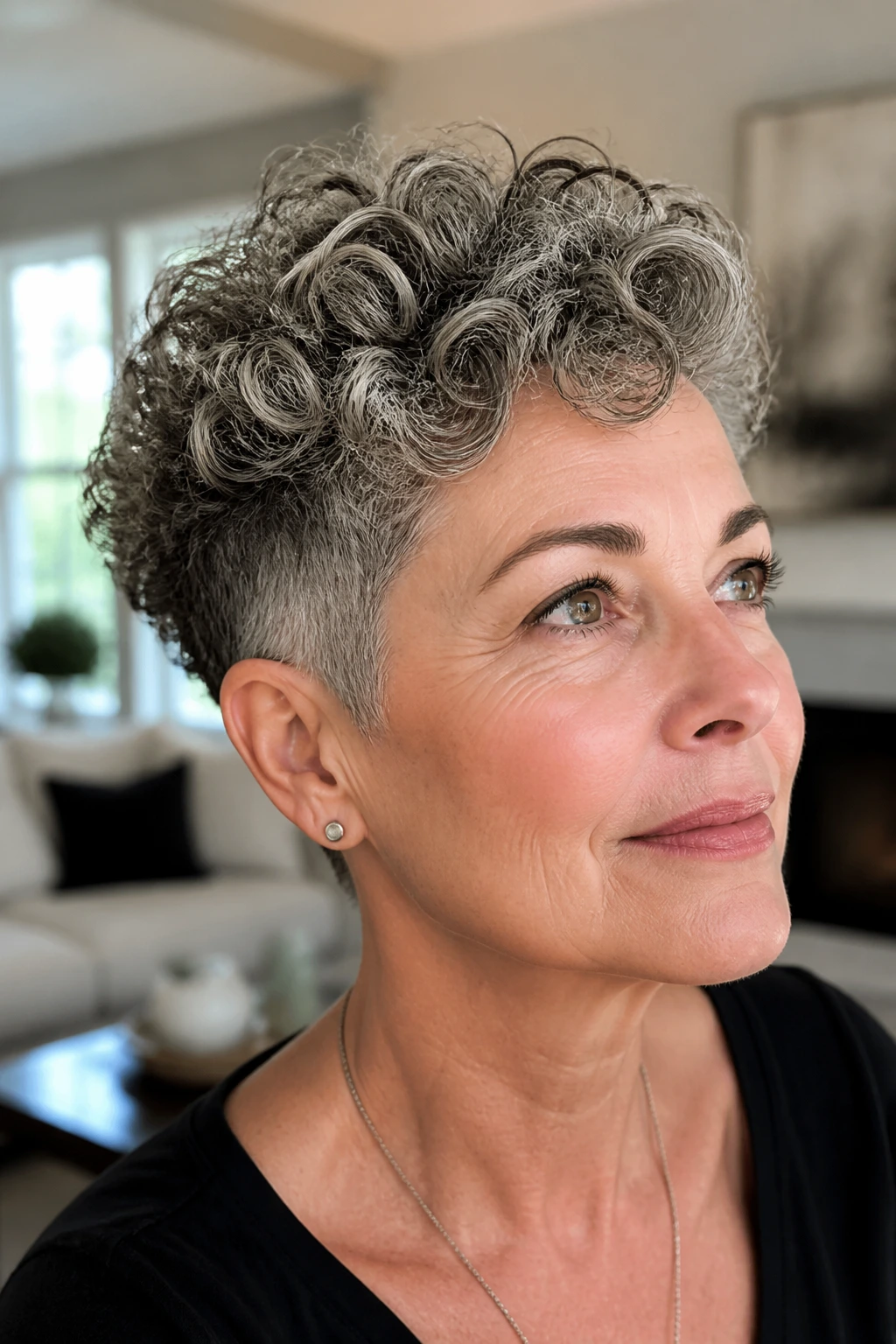 Close-up of a real woman with long-top short-sides volume haircut in daylight