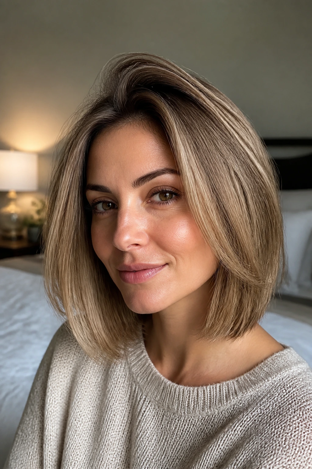 Close-up of real woman with longer front bob showing root lift for fullness