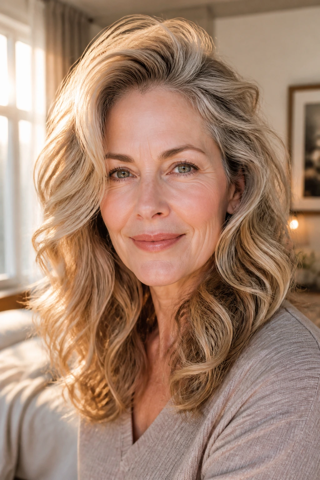 Close-up portrait of a real woman over 50 with lifted crown and voluminous waves.