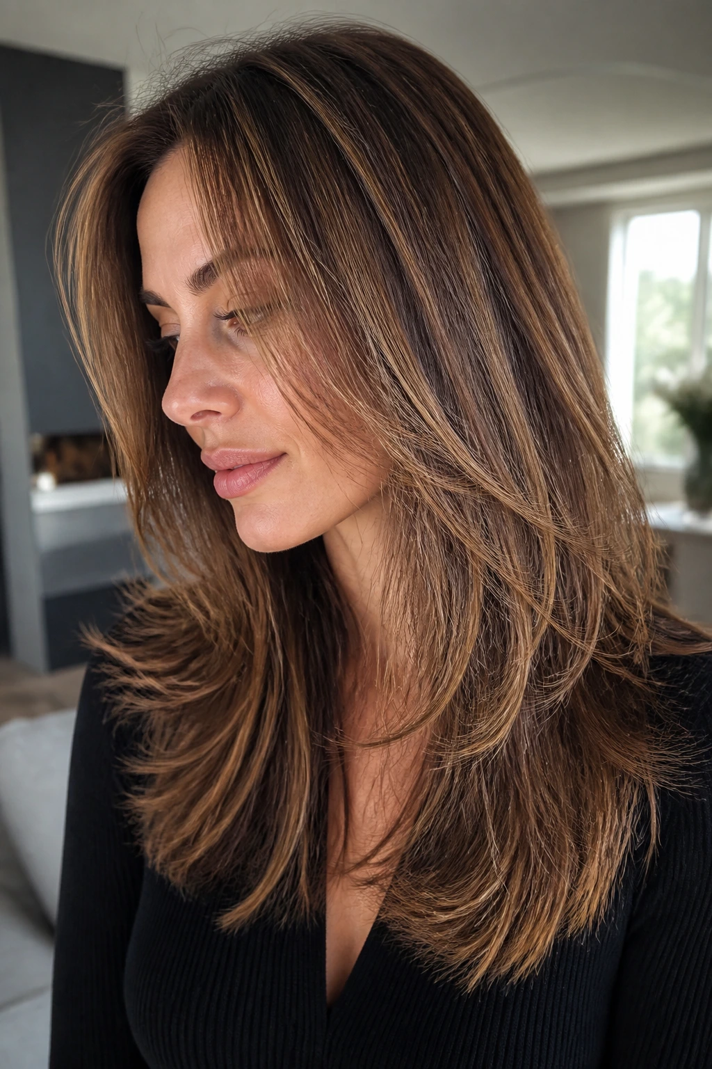 Close-up portrait of volume layers on straight hair with crown lift on a real woman