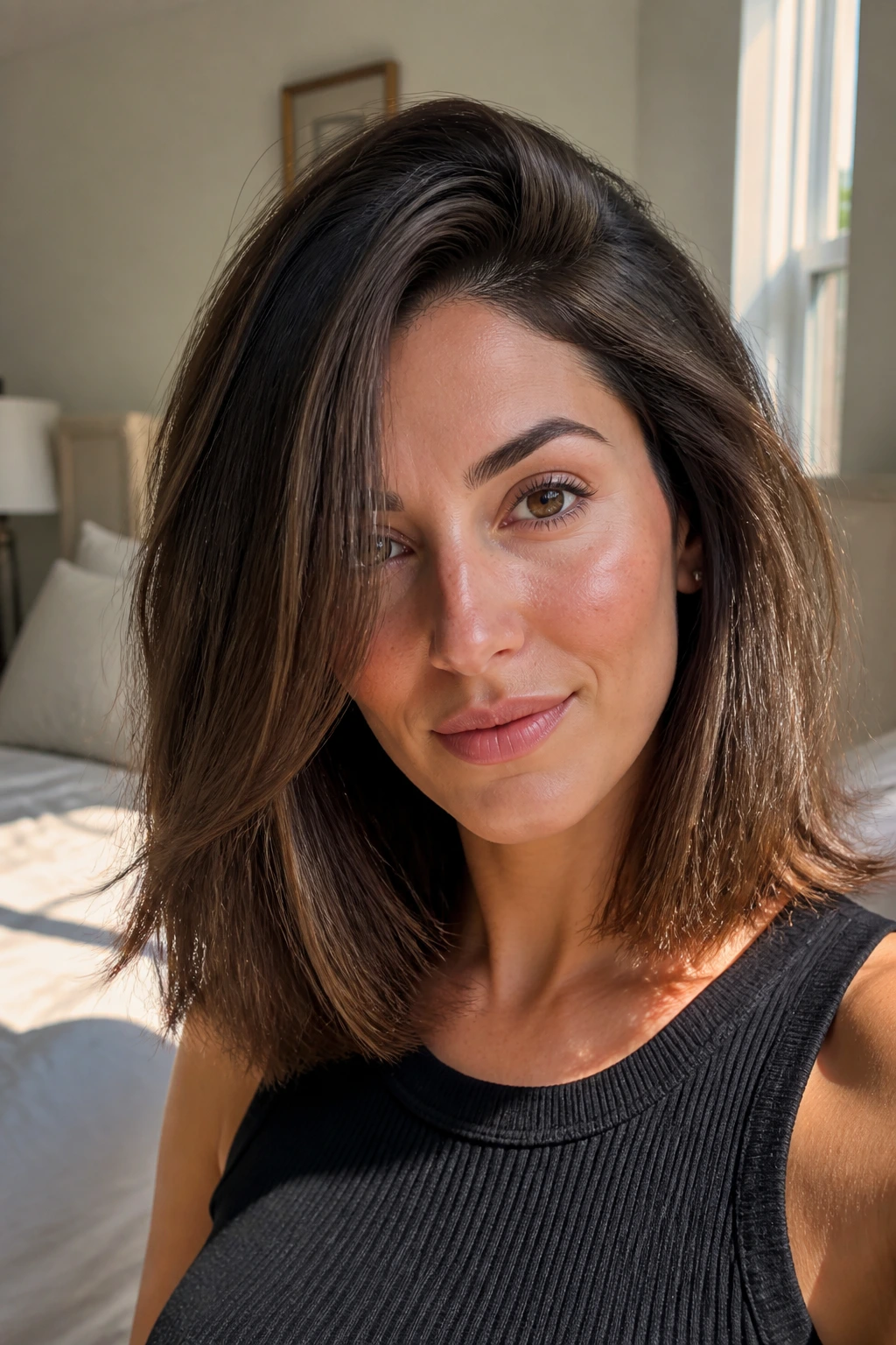 Close-up of a real woman with a deep side-part volume lob in sunlit bedroom.