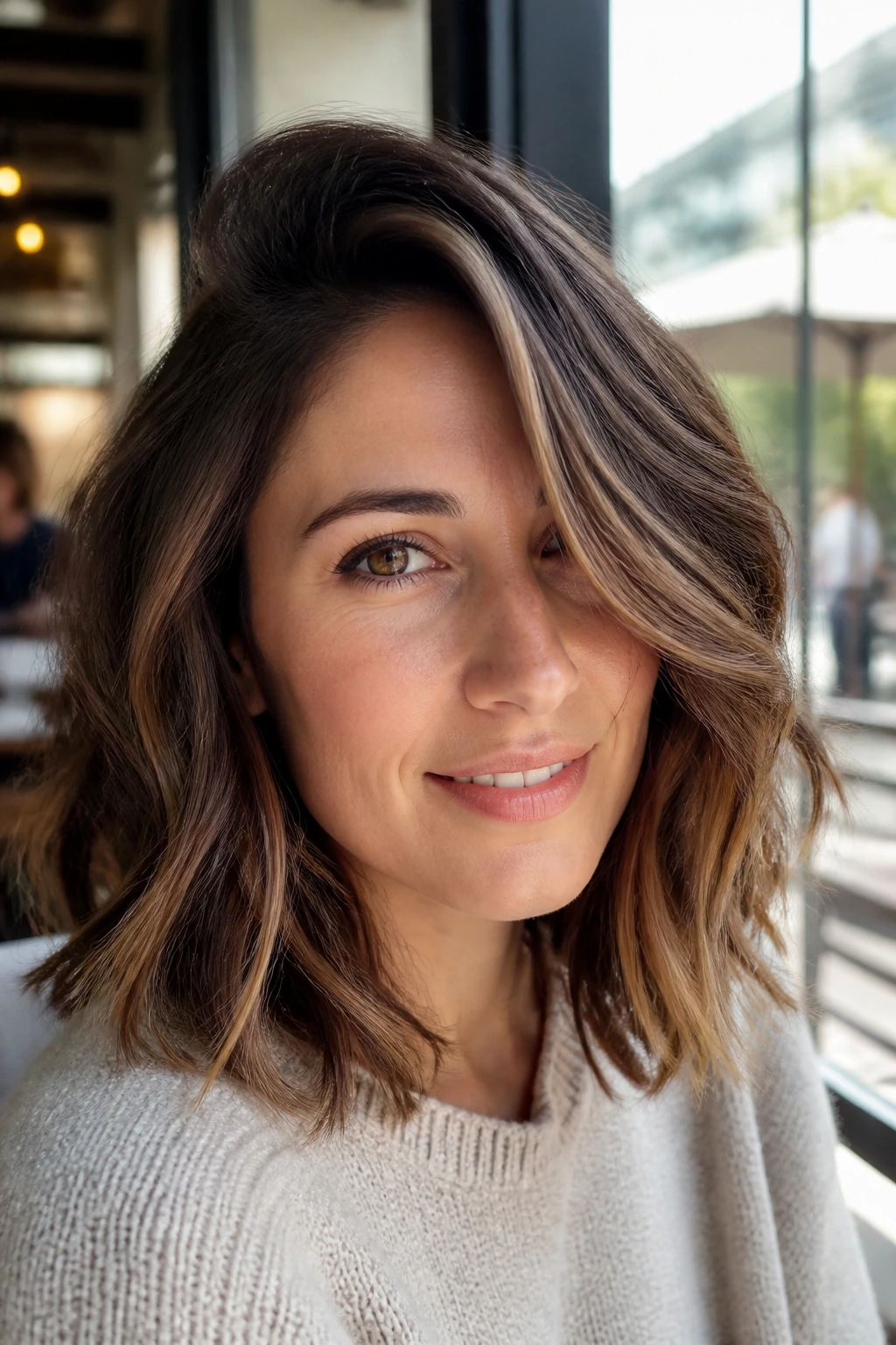 Close-up of a real woman with a side-part volume lob showing natural root lift and face-framing layers.