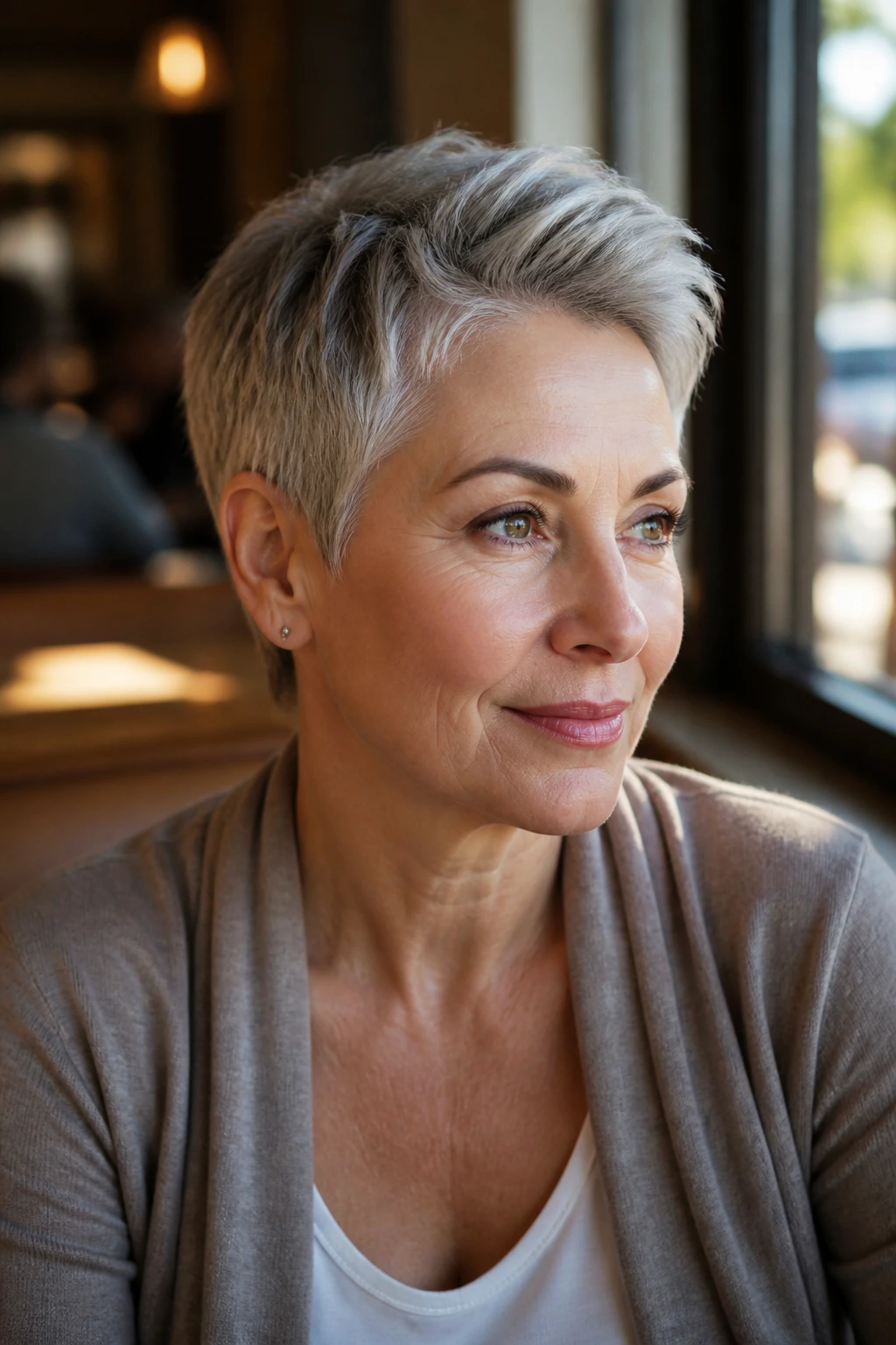 Close-up of a real woman with volume-on-top pixie hairstyle