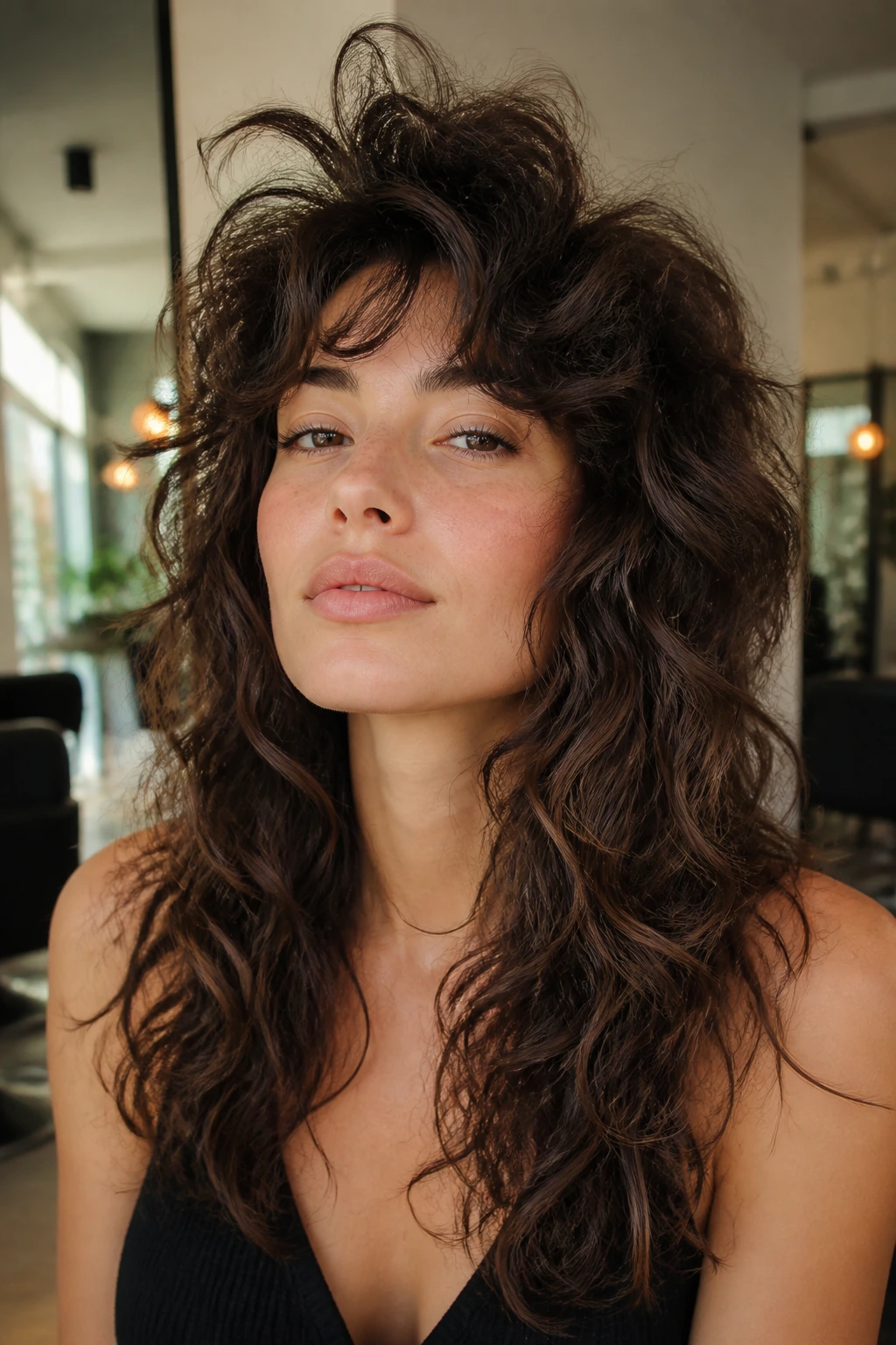 Close-up portrait of a real woman with volume-on-top shag and lifted crown