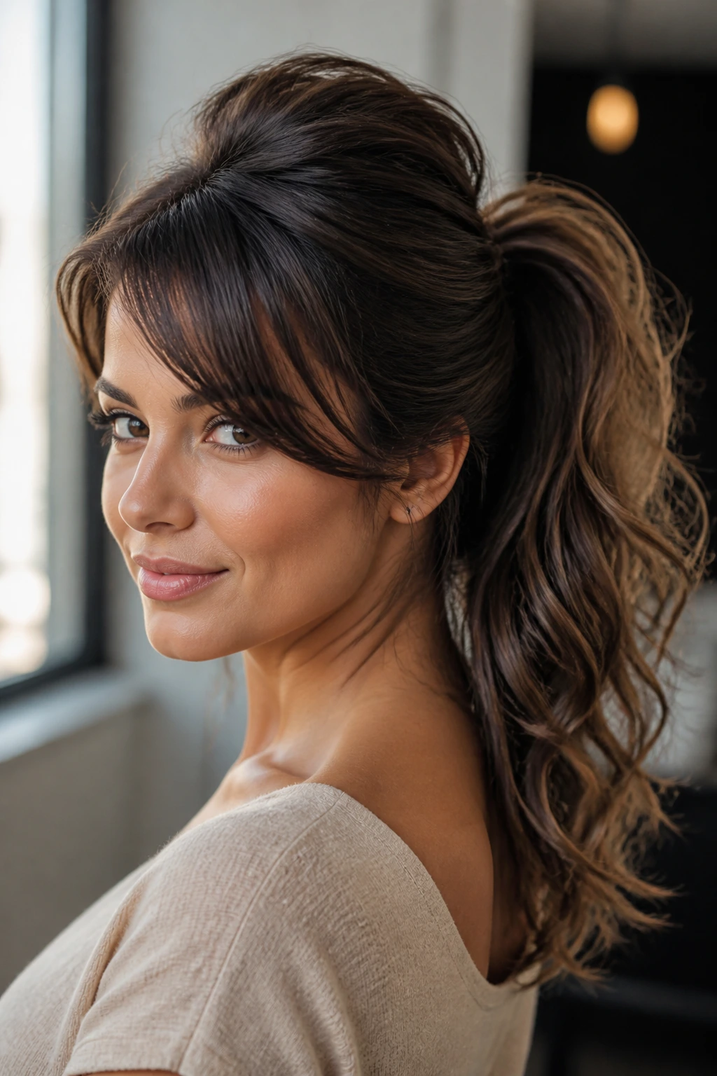 Close-up of a woman with a voluminous ponytail and side-swept bangs