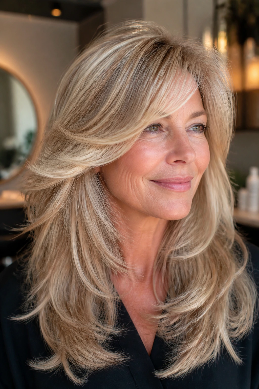 Portrait of a woman with voluminous blowout layers and swooped bangs in a salon