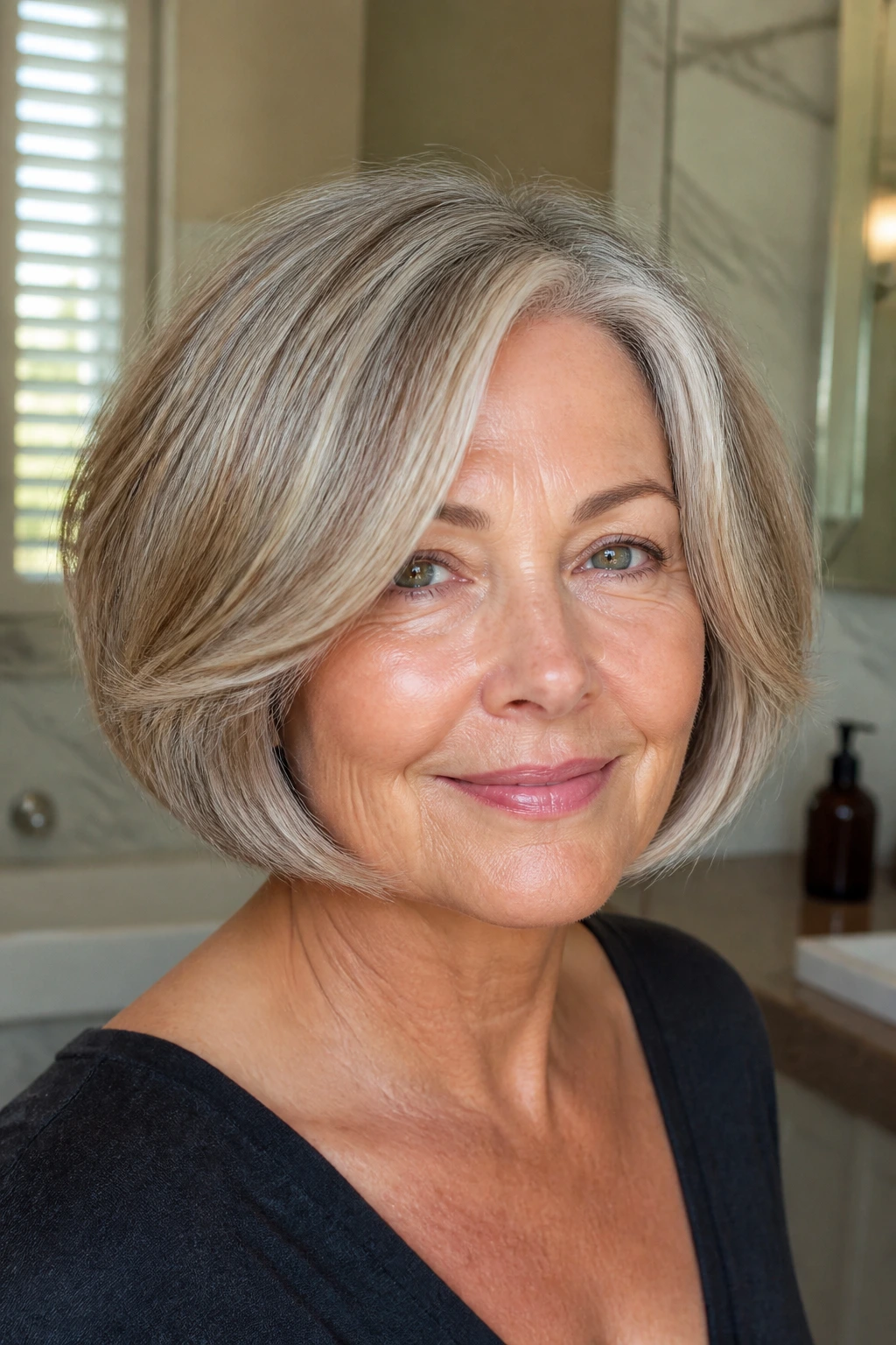 Close-up portrait of a real woman with a volume-building round-brush bob showing lift at the crown.