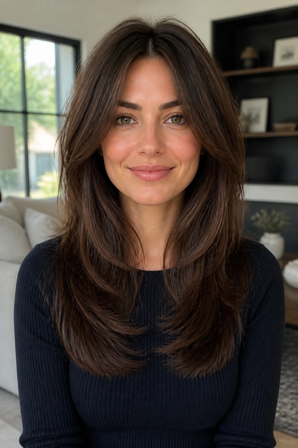 Portrait showing volume-saving layers that prevent mushroom-shaped thick hair.