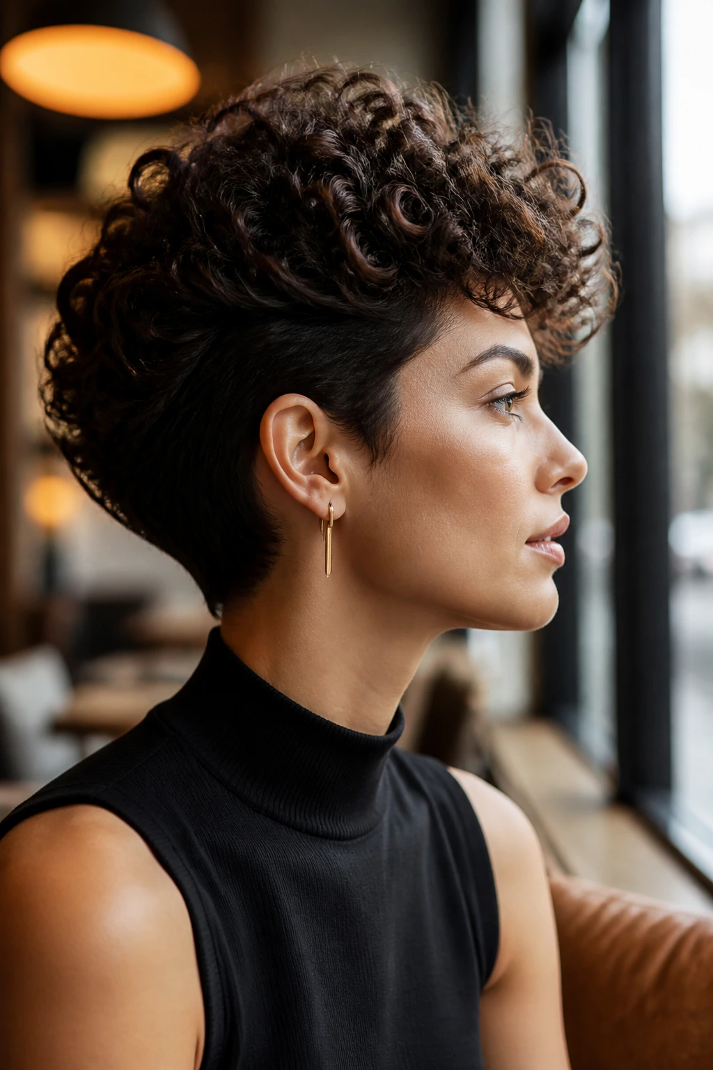 Profile portrait of a real woman with tall crown and neat sides showing voluminous short curls.