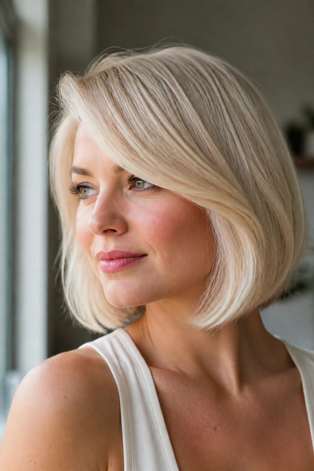 Close-up of glossy platinum blonde bob showing volume and shine