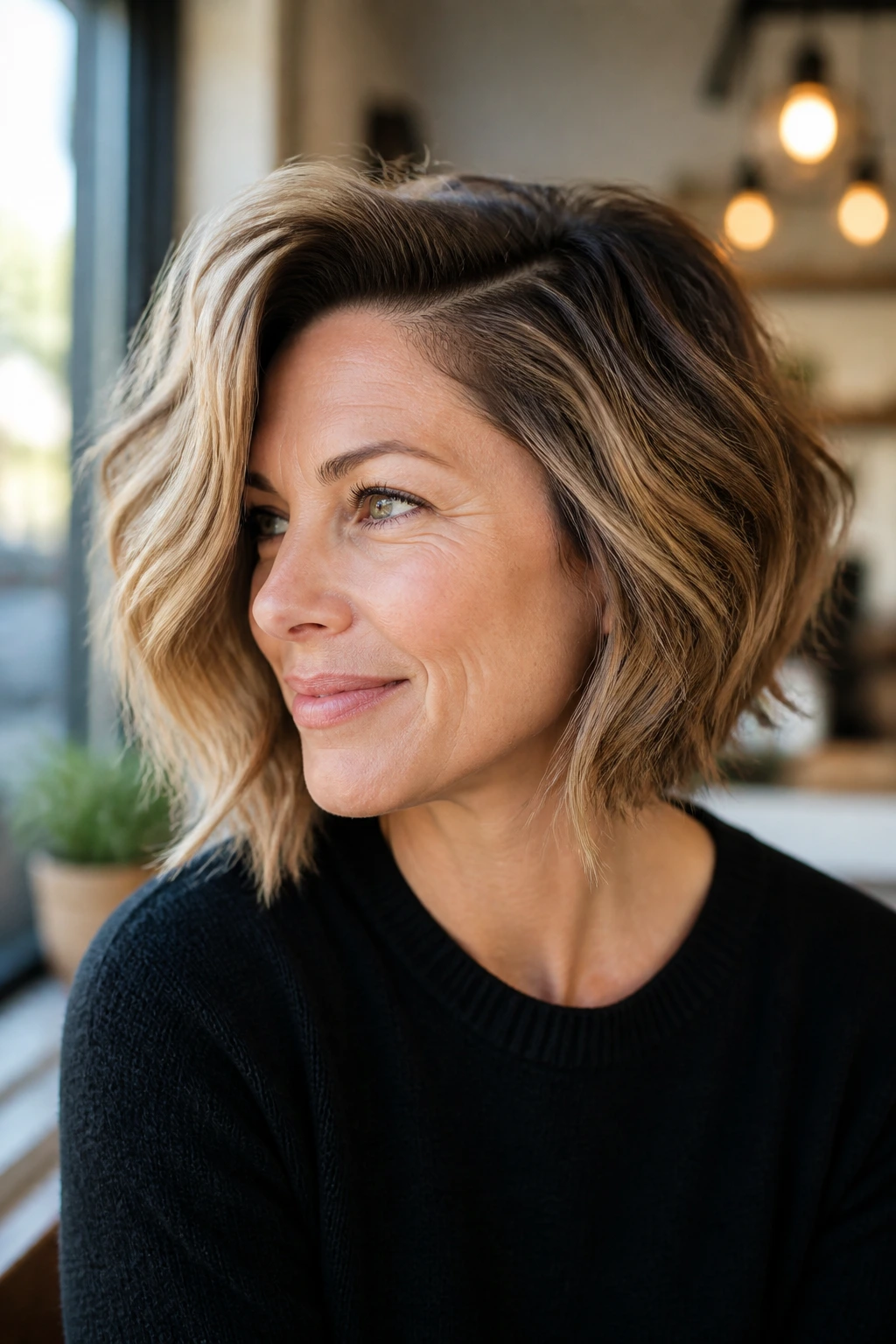 Real woman with volume-boosting side-swept angled bob, deep side part and voluminous crown