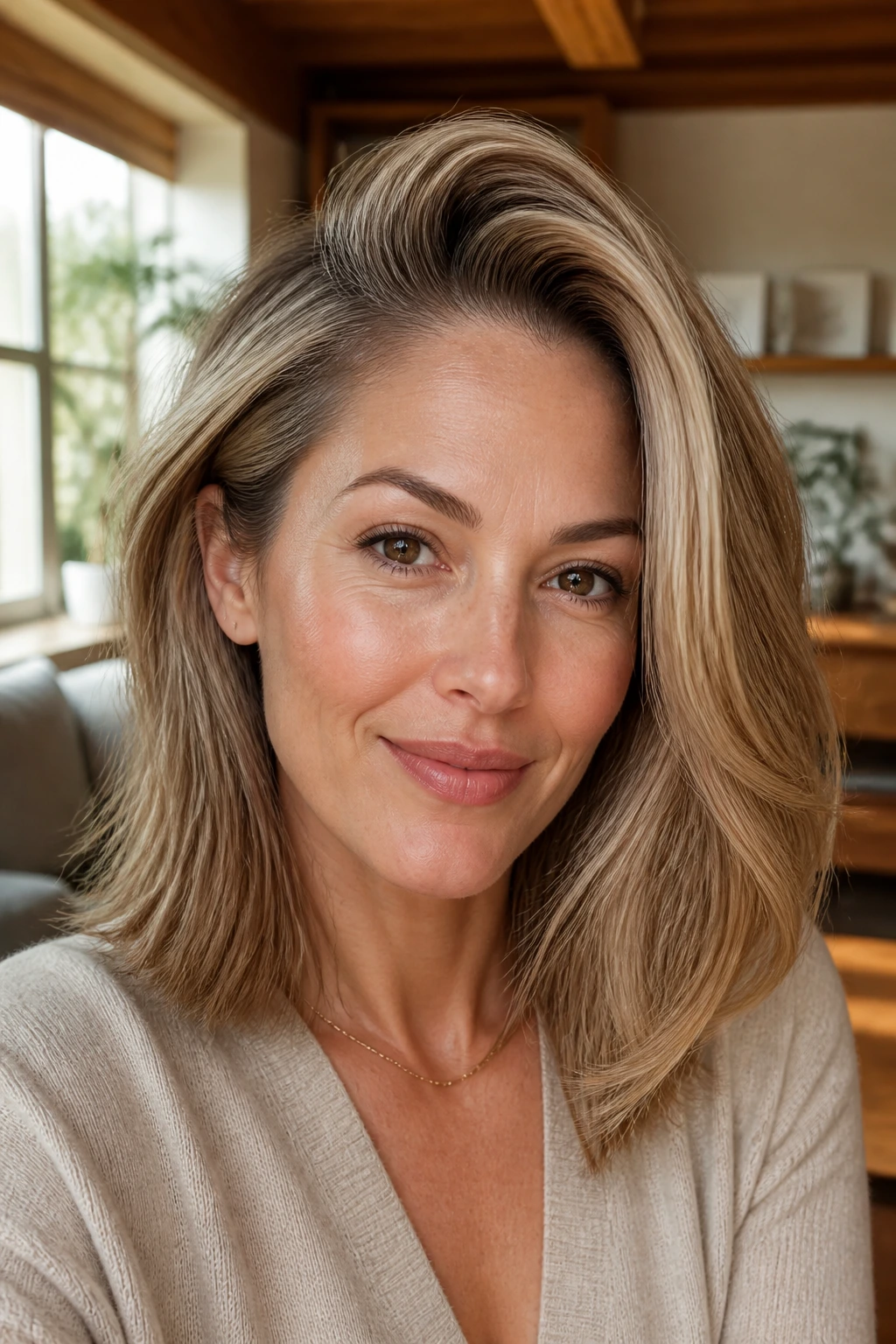 Close-up portrait of a woman with a high-volume crown and off-center side part.