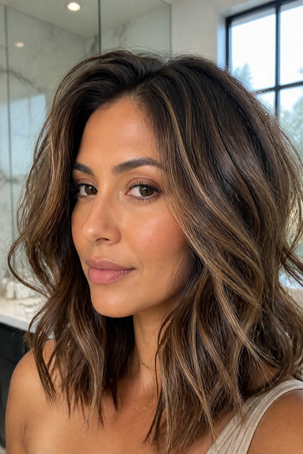 Close-up of fine hair with brown highlights styled for volume.