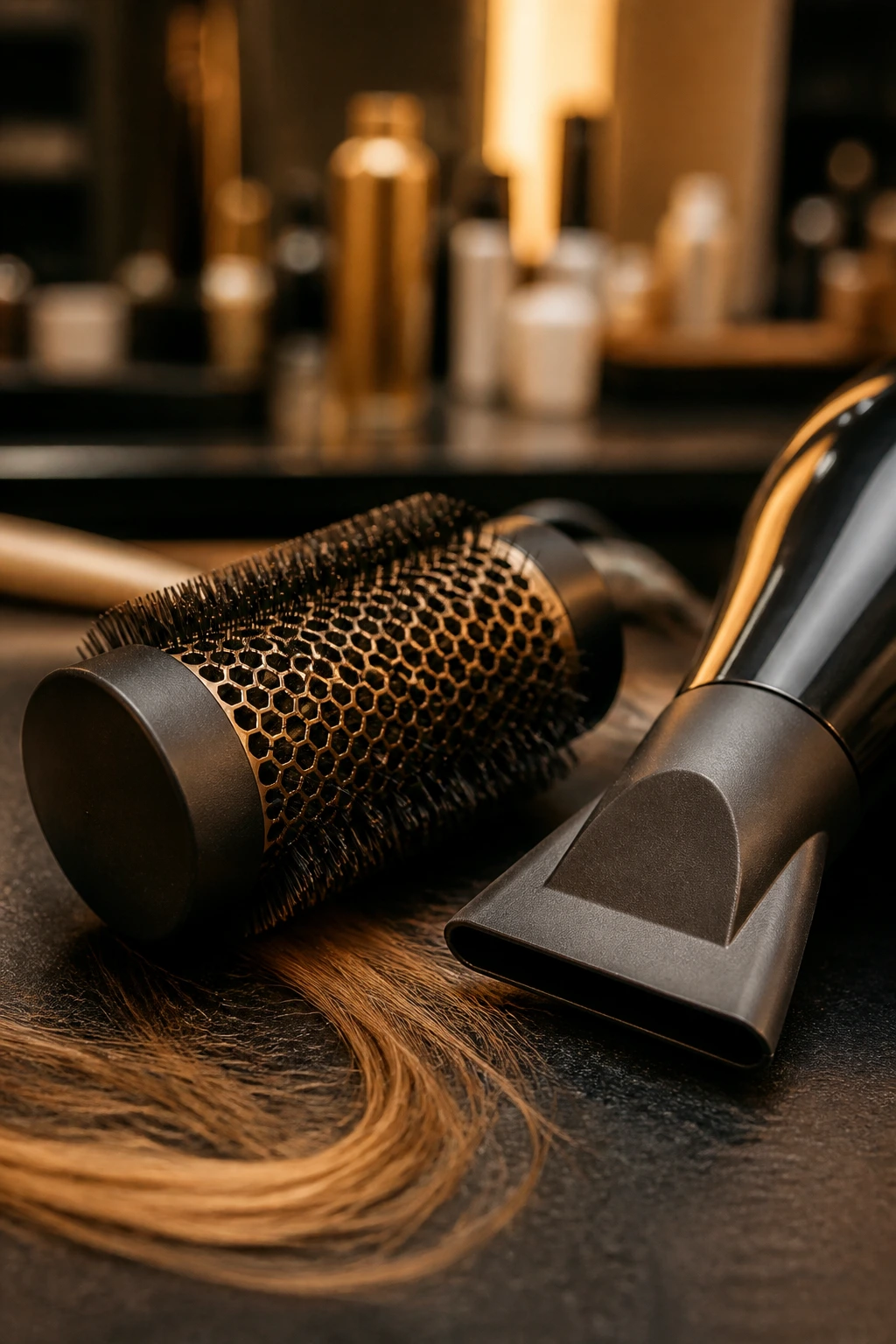 Close-up of essential styling tools for volume layers in a salon setting