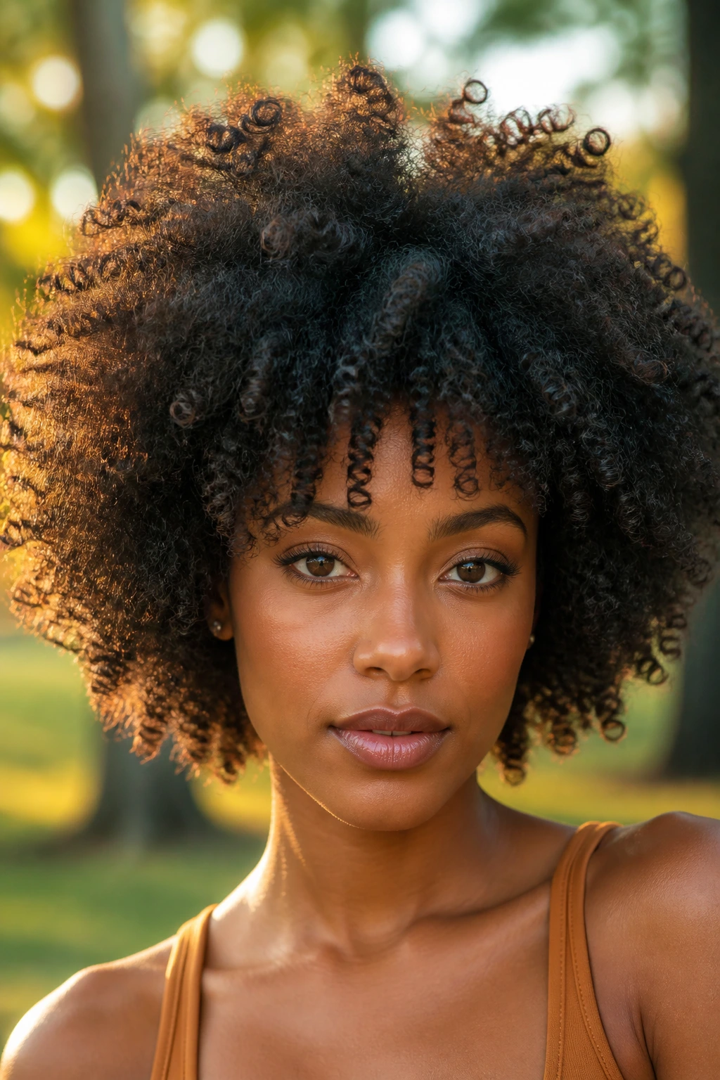 Close-up of a real person with a voluminous afro and gel-defined ends