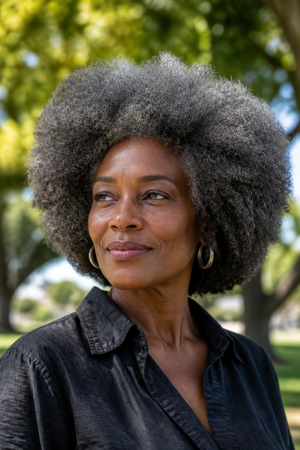 Portrait of a person with a voluminous afro and gray blending across curls