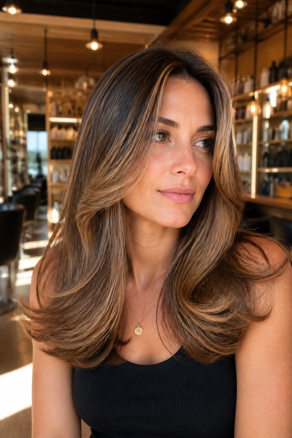 Close-up portrait of a real woman with voluminous blowout and flipped ends showing babylights