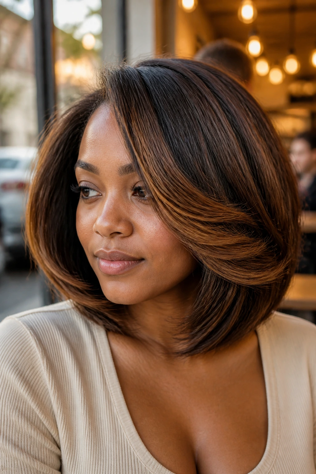 Close-up of a real Black woman with voluminous blowout and cinnamon lights.