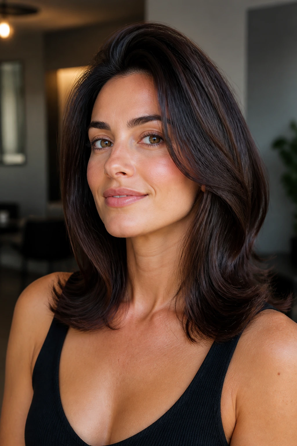 Close-up of real woman with voluminous blowout and flipped ends