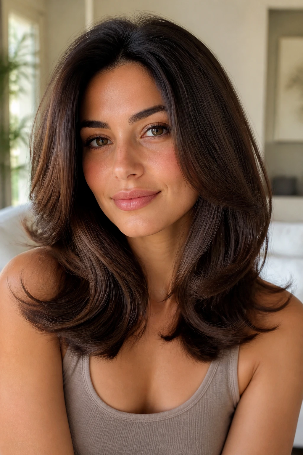 Brunette with voluminous glossy blowout and flipped ends in warm light.