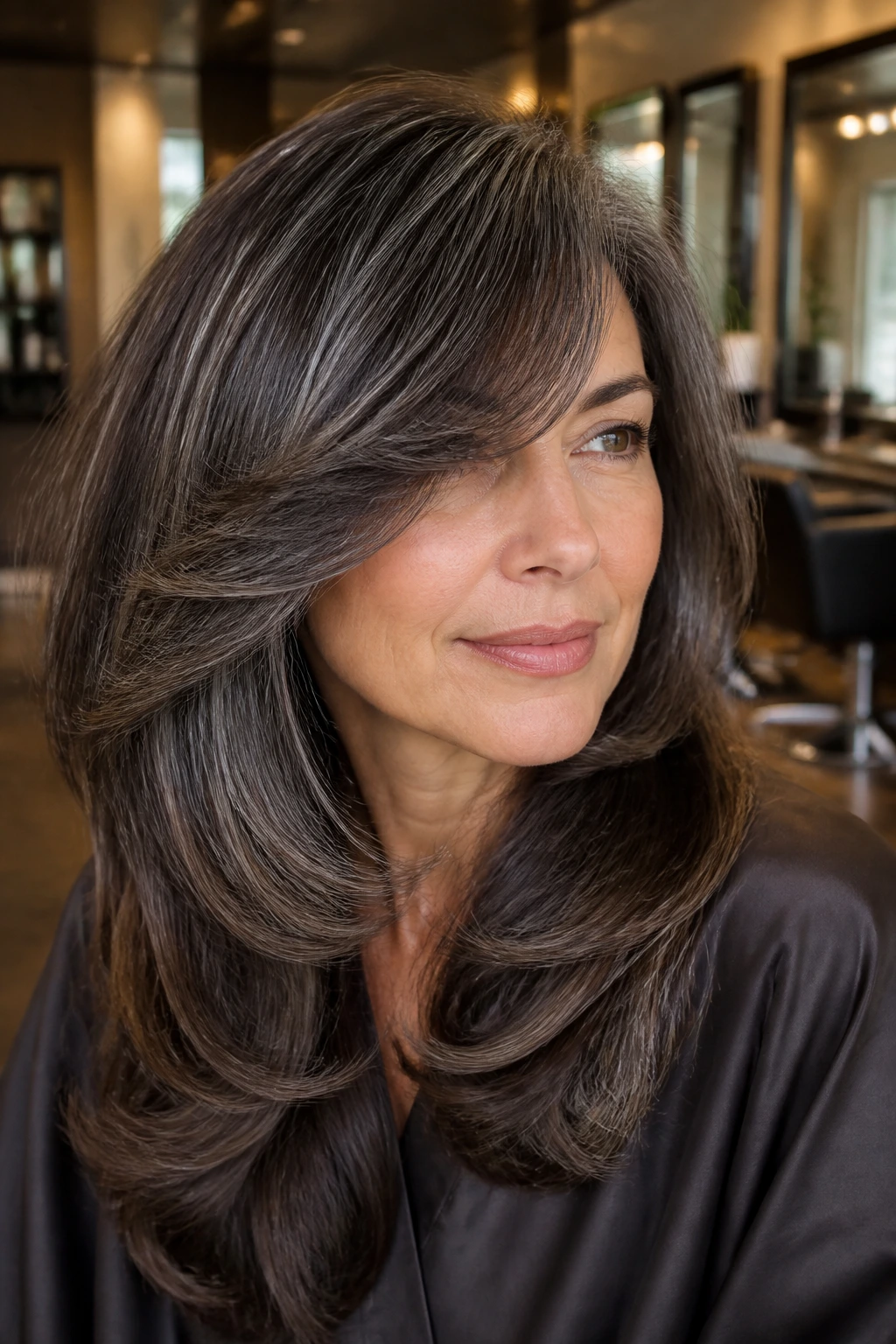 Close-up brunette with voluminous blowout and side fringe catching light.