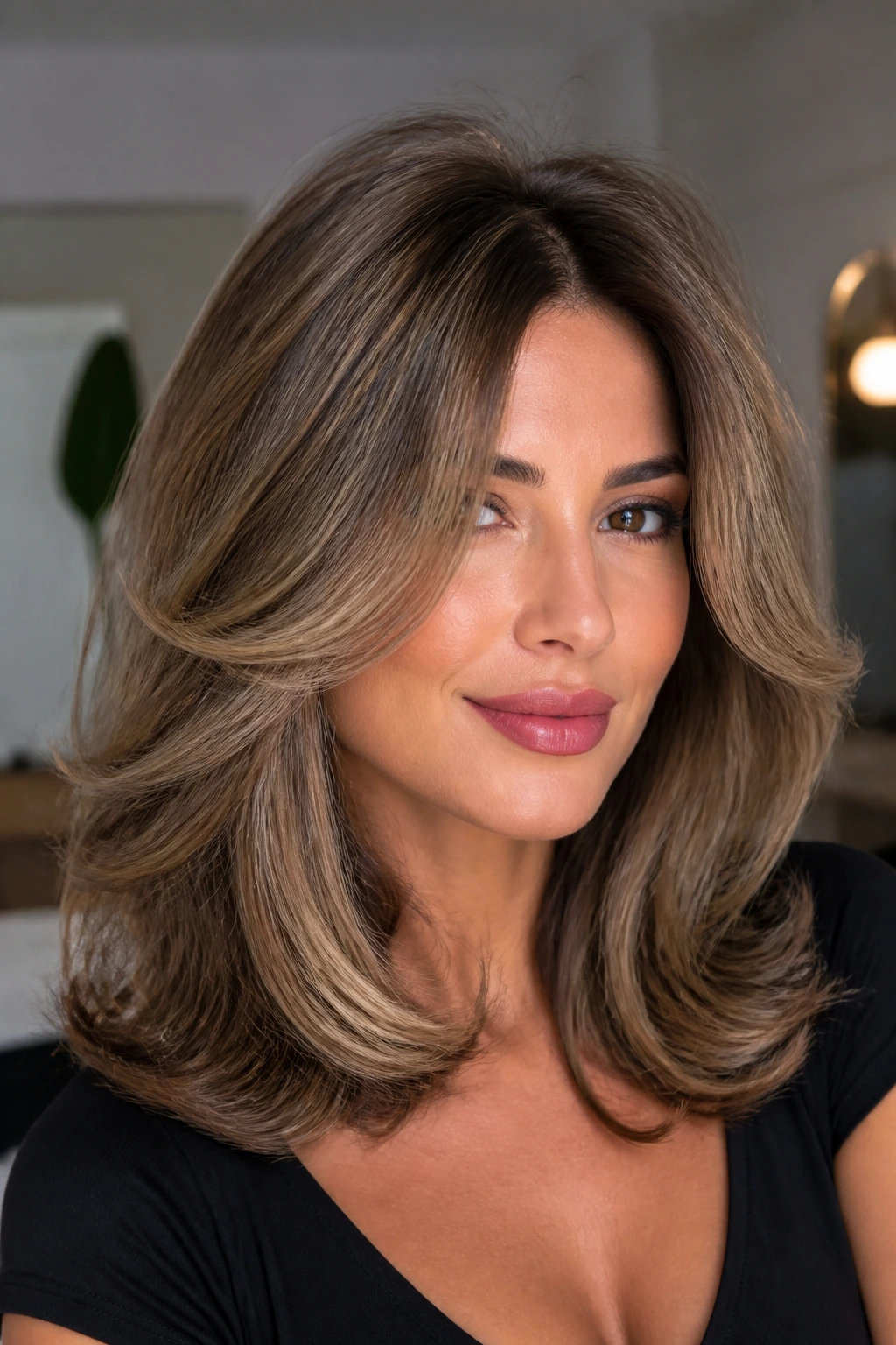 Portrait of a real woman with voluminous blowout layers