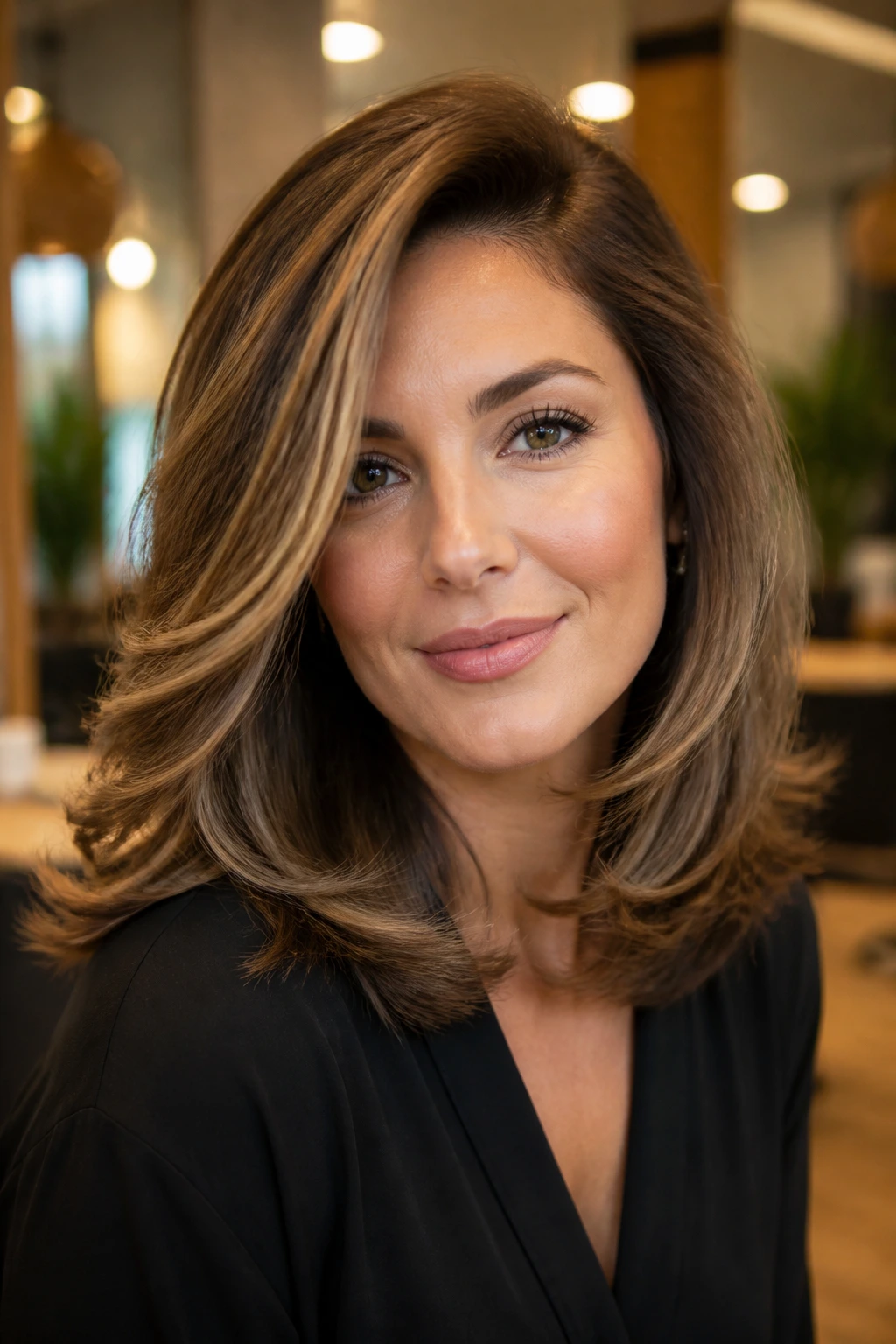 Close-up of a real woman with voluminous blowout and off-center part in warm lighting