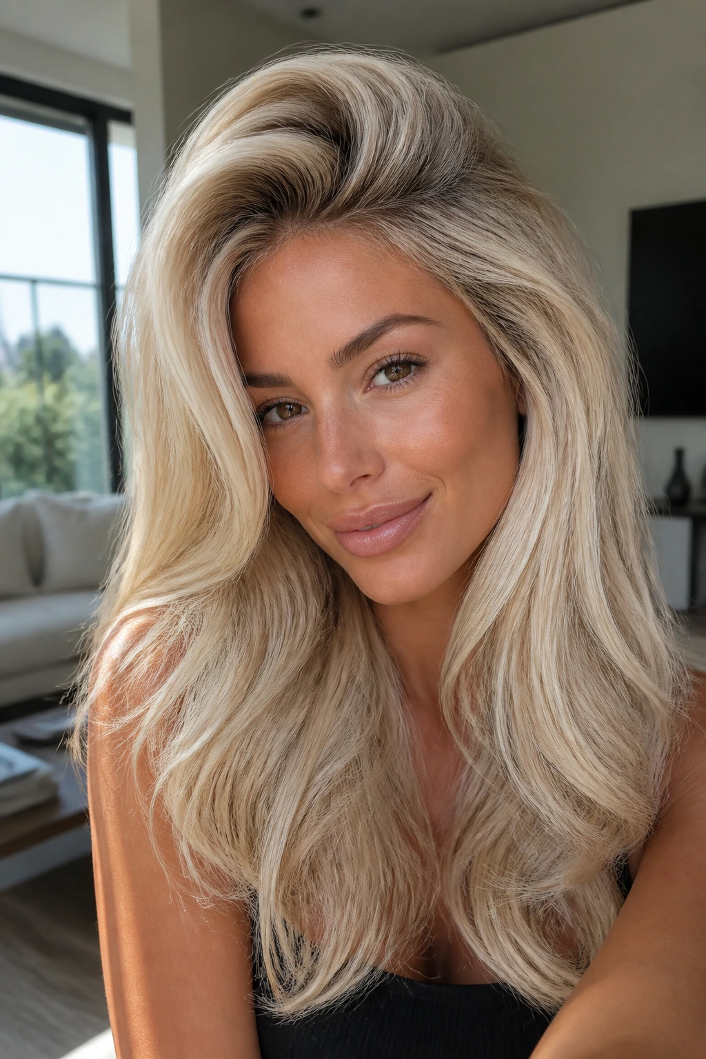 Portrait of a woman with a voluminous blowout and lifted roots on tan skin.