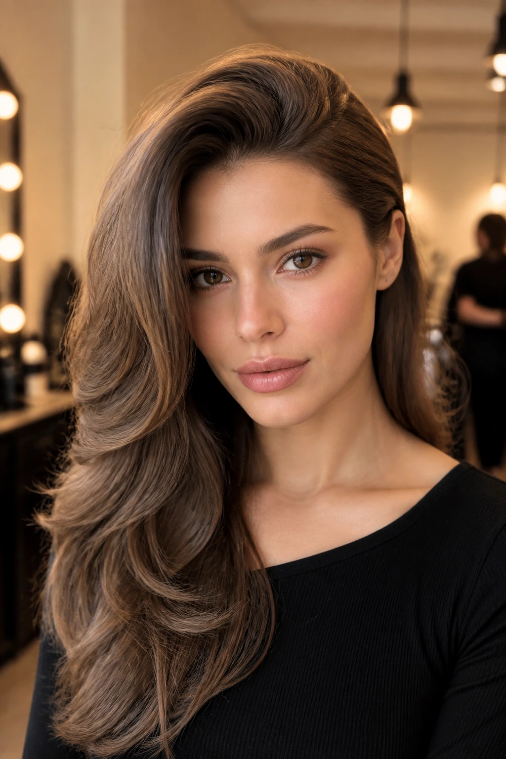 Close-up of a real woman with a voluminous blowout and side tuck behind the ear.