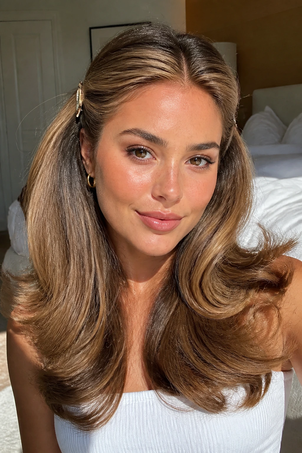 Close-up of a real woman with a voluminous blowout and tucked sides.