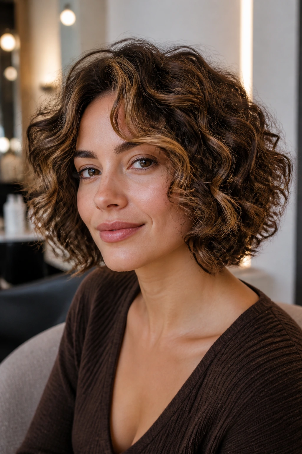 Close-up of a real woman's voluminous curly bob with chestnut lowlights and warm money piece