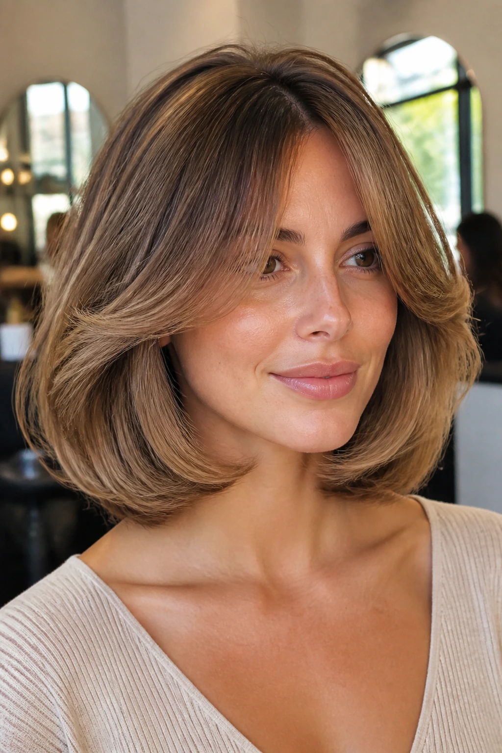 Close-up portrait of woman with voluminous blowout bob and curtain fringe.