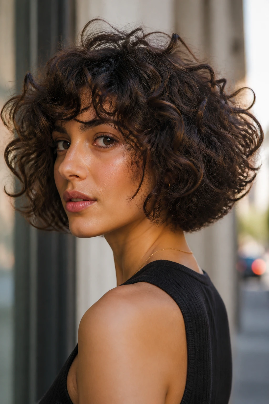 Close-up of a real woman with voluminous bob and discreet underlayers in daylight.