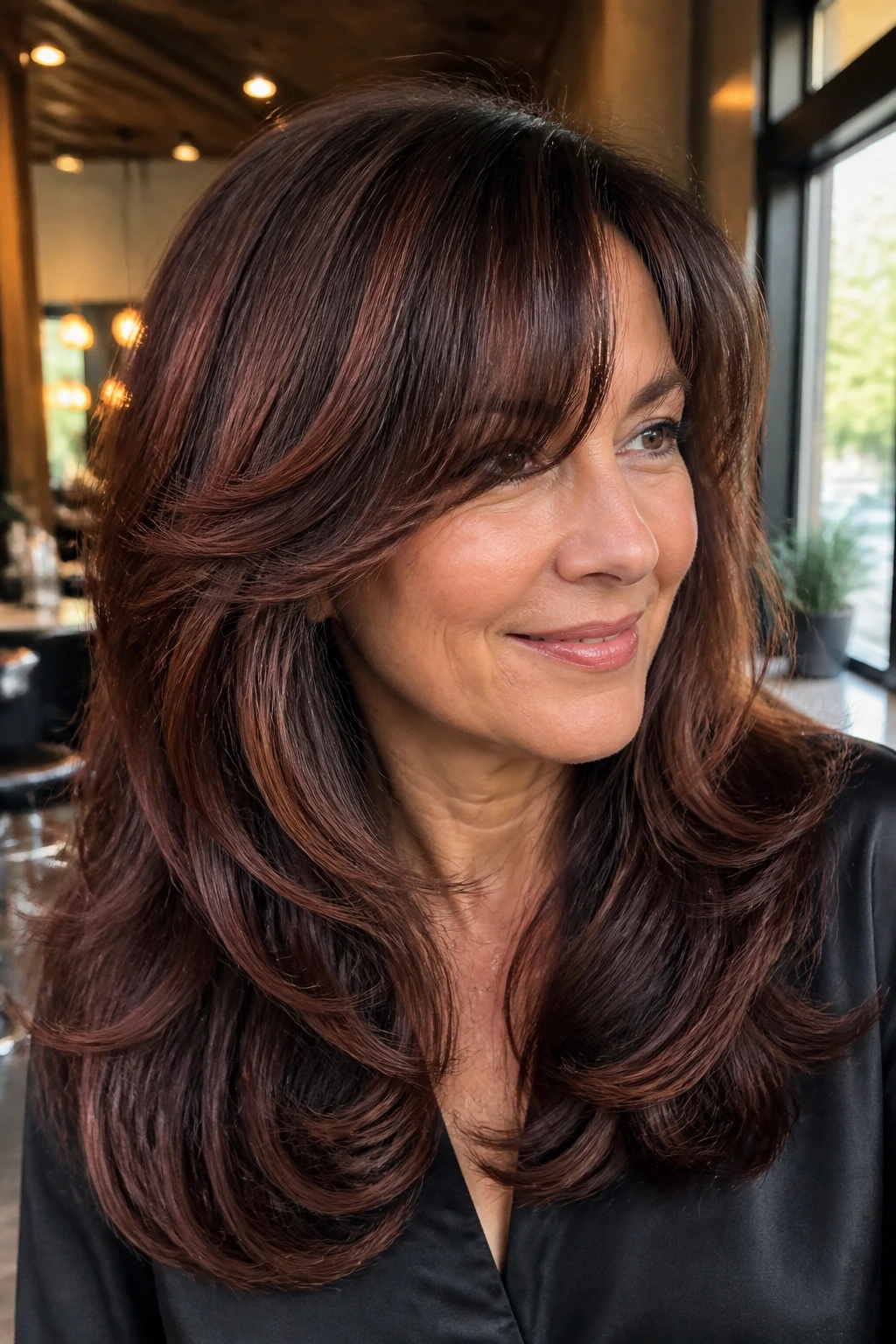 Close-up of a real woman with voluminous C-cut and mahogany lowlights in a softly lit salon