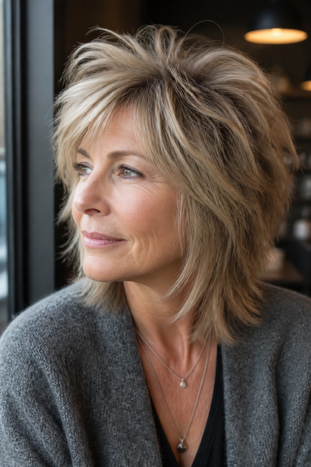 Close-up of a real woman with voluminous crown shag, crown lift, natural window light