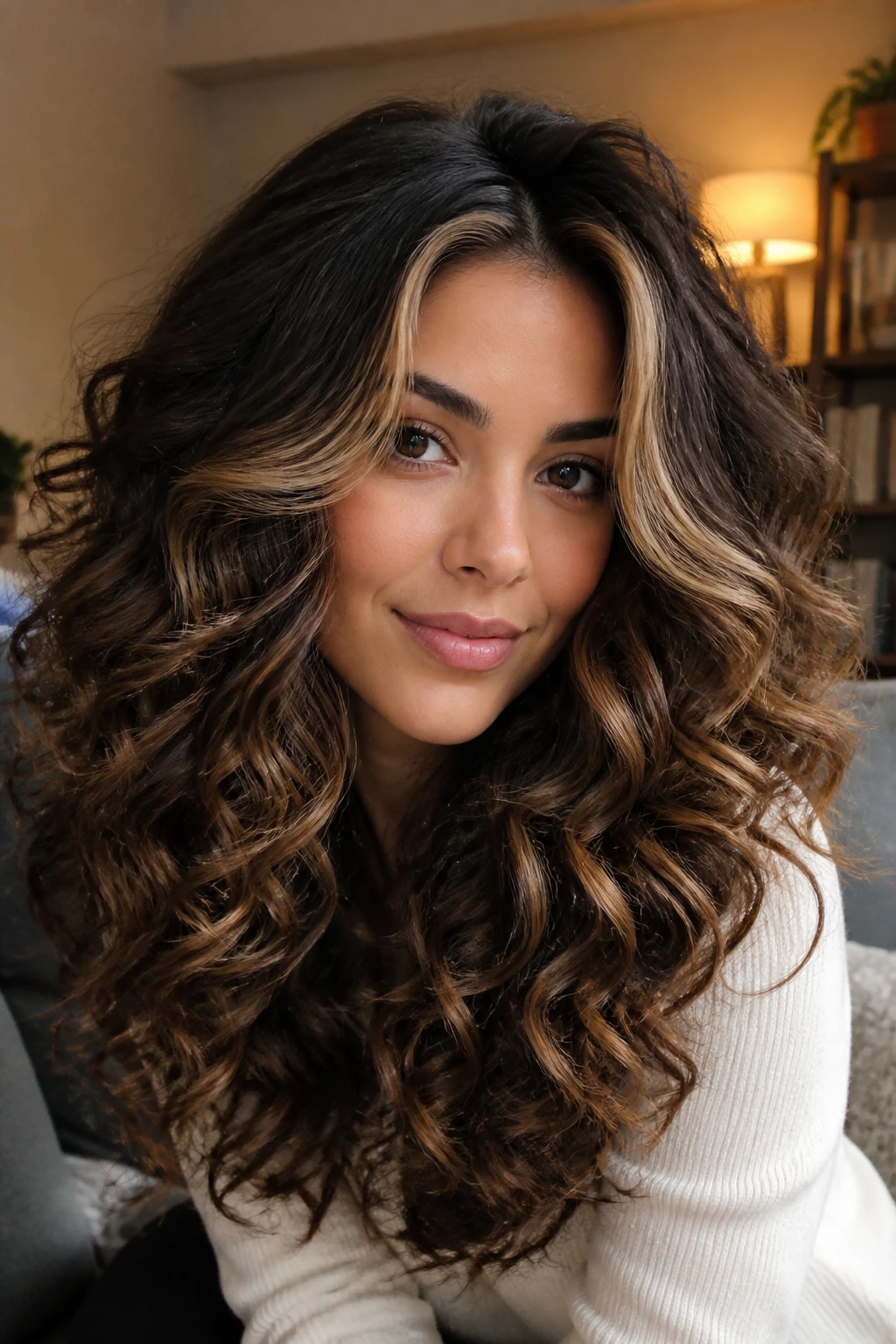 Close-up of real woman with voluminous curls and a caramel money piece framing the face