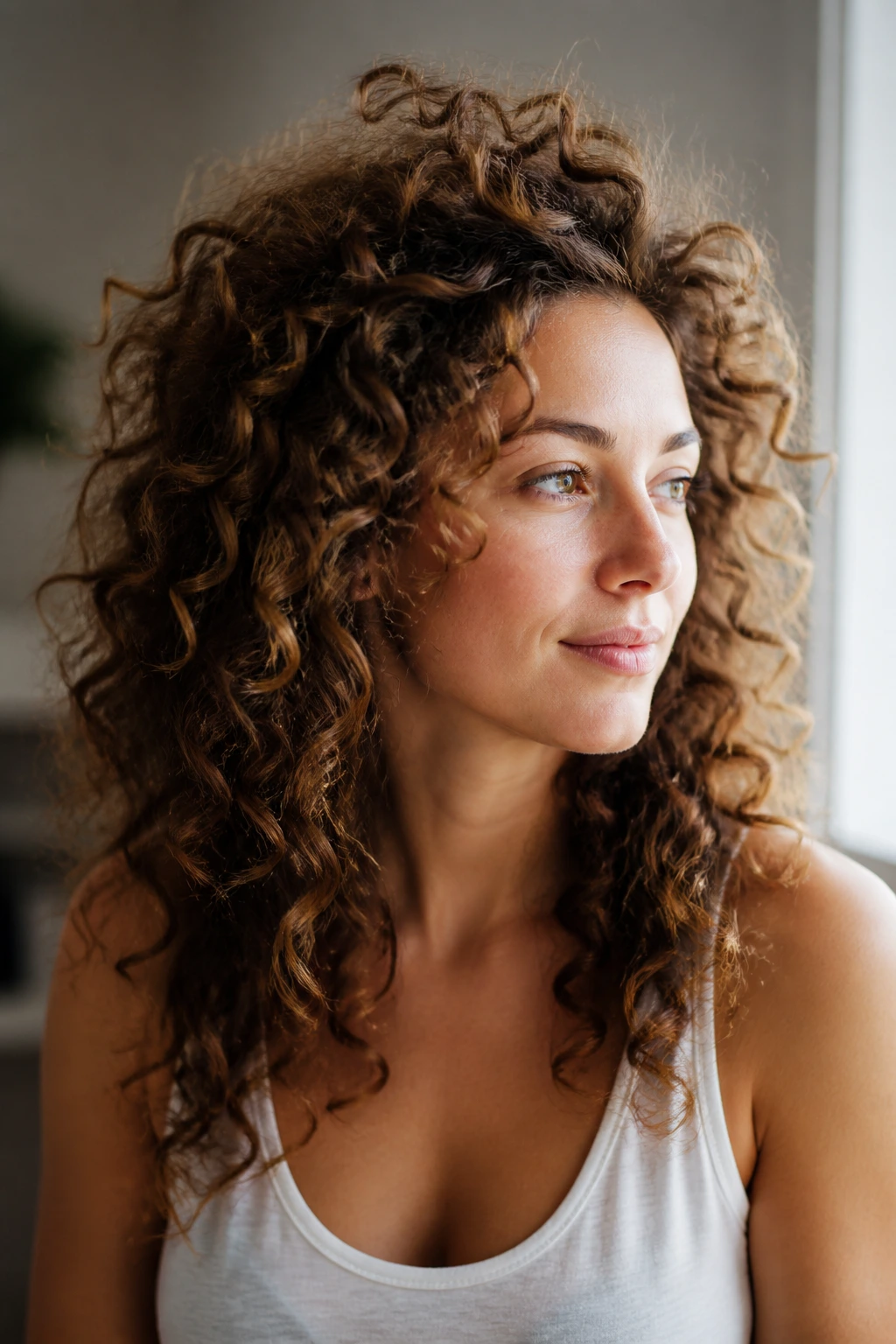 Portrait of a real woman with voluminous curls showing lift at the crown