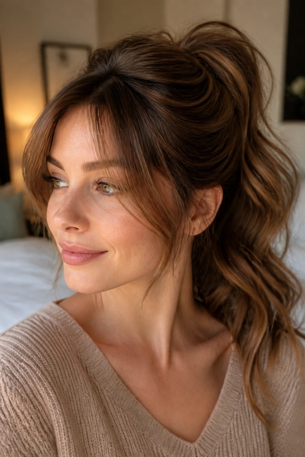 Close-up portrait of a woman with voluminous ponytail and curtain bangs in warm bedroom light