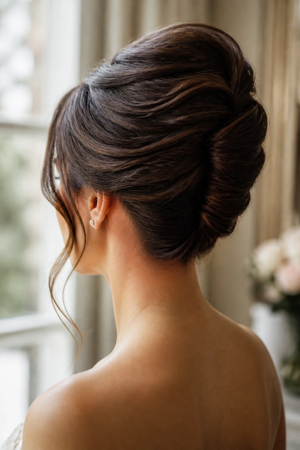 Three-quarter back view of a real woman with a voluminous French twist